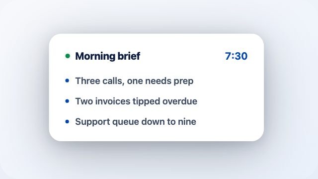 A morning brief listing three calls, two overdue invoices and the support queue count.